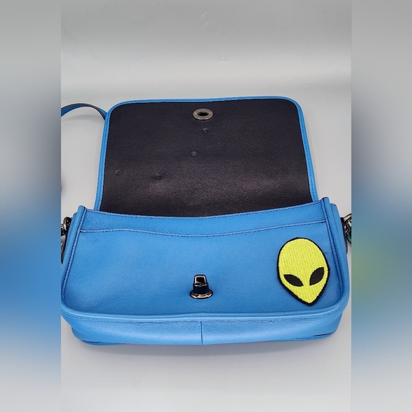 Upcycled Coach glovetanned turnlock crossbody bag w/ Space Patches. Azure Blue - Picture 10 of 14